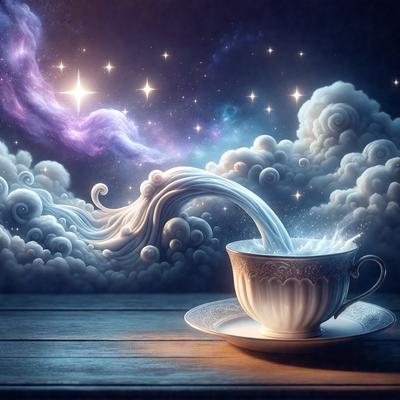 The primary subject of the image is a cup of tea, which is placed on a saucer on a wooden table. The setting is a cloudy night, with a purple sky and stars visible in the background. The visual style is a digital art or illustration, creating a whimsical and dreamy atmosphere. The dominant colors are purple, blue, and white, with the stars adding a touch of sparkle to the scene.